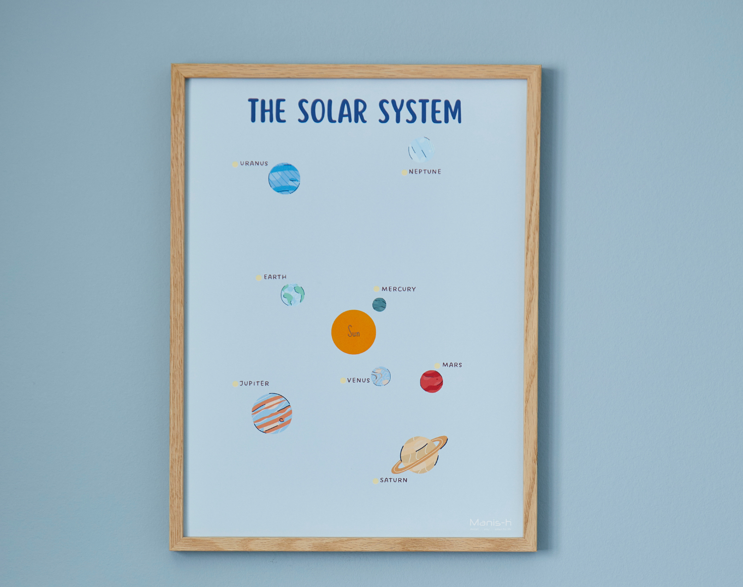 Læringsplakat til børn "The Solar System" - inkl. egetræsramme