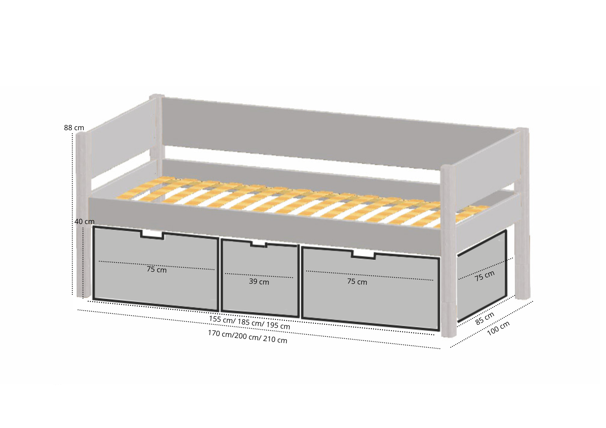 Nanna børneseng med høje skuffer