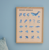 Læringsplakat til børn "Ocean animals" - inkl. egetræsramme