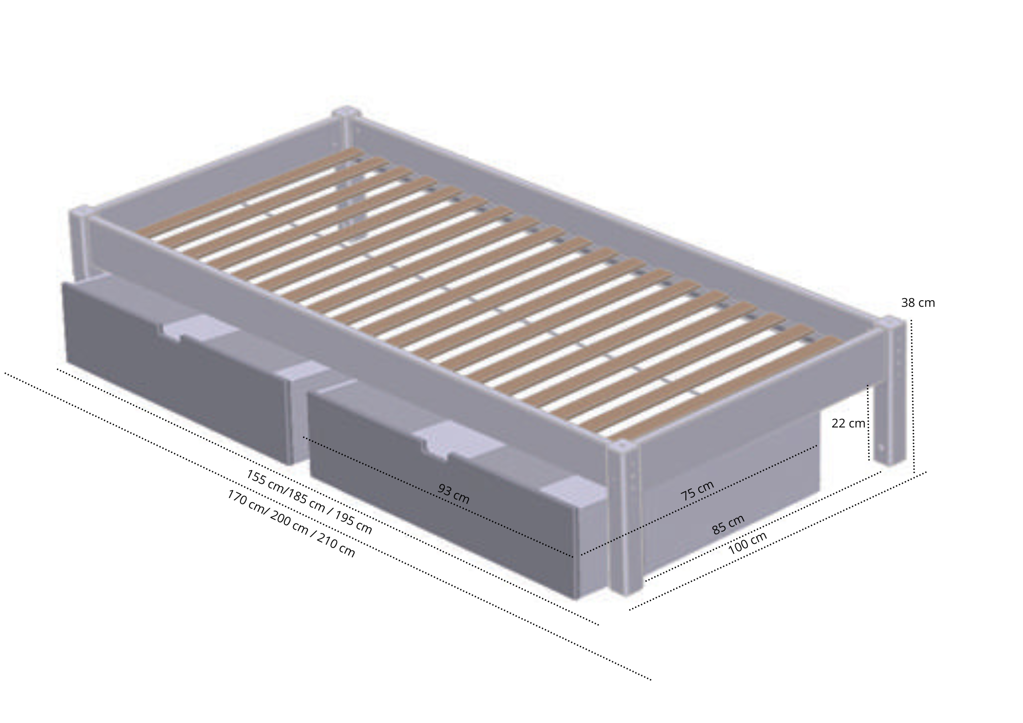 Ull seng dimensioner med skuffer i cm